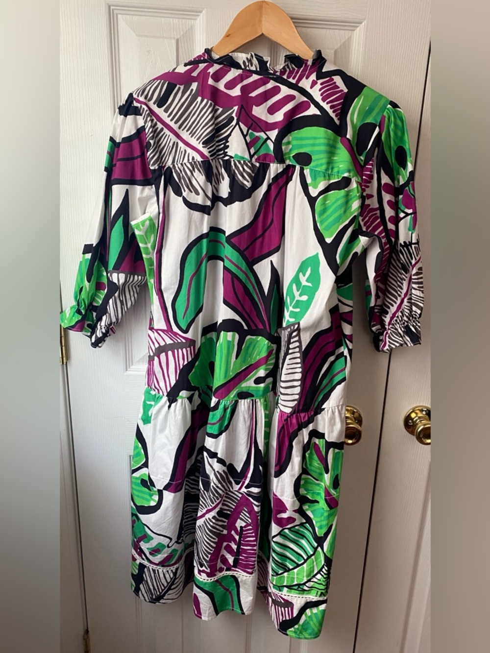 maude vivante Colorful Tropical Print Cotton Poplin Puff Sleeve Midi Dress L - Picture 2 of 9